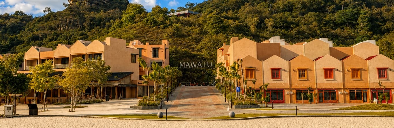 The Mawatu township frontage seen from the beach at golden hour
