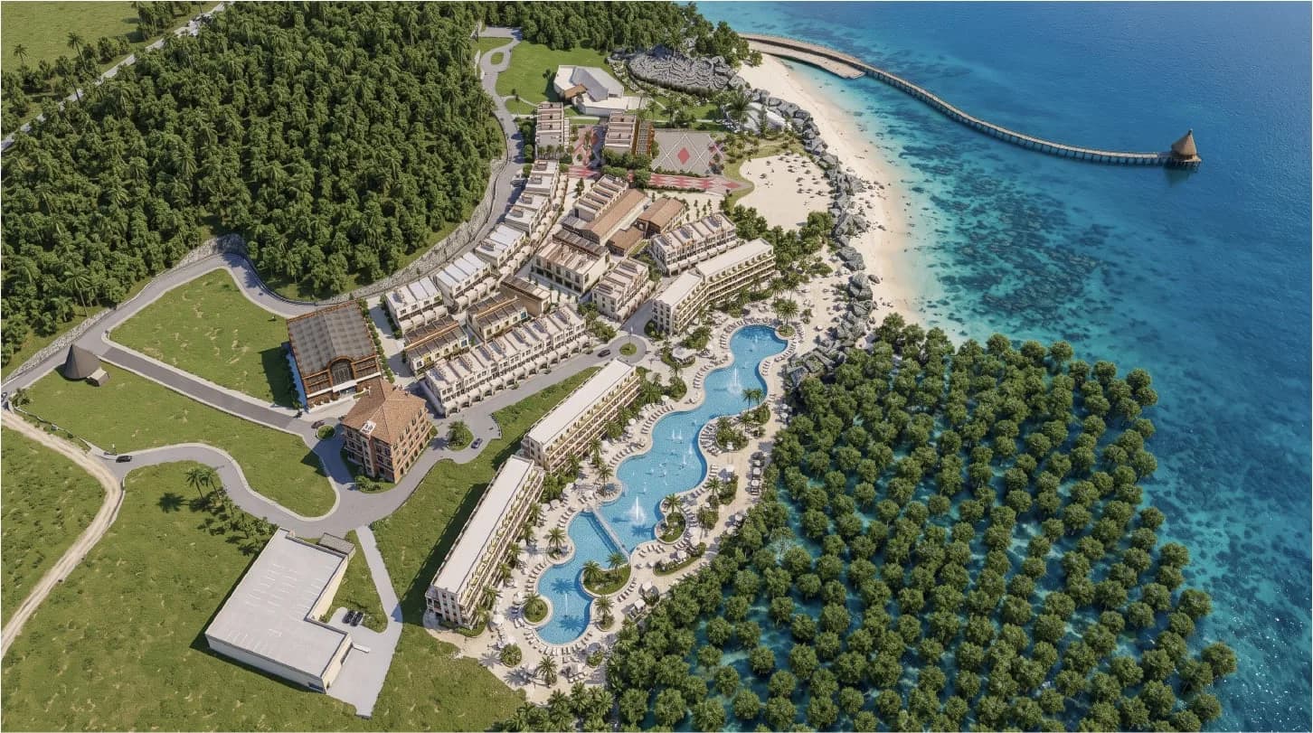 Aerial view of the Commercial Village, its beachfront and pier