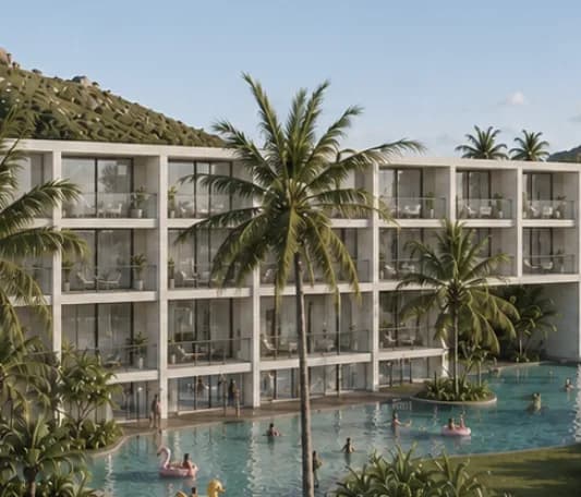 Resort pool framed by palm trees